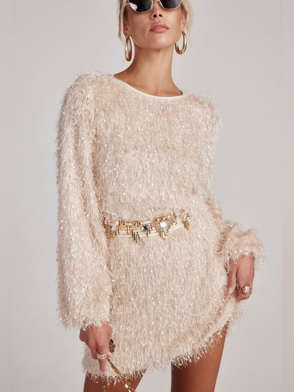 12Th Tribe Let's Boogie Cream Long Sleeve Mini Dress